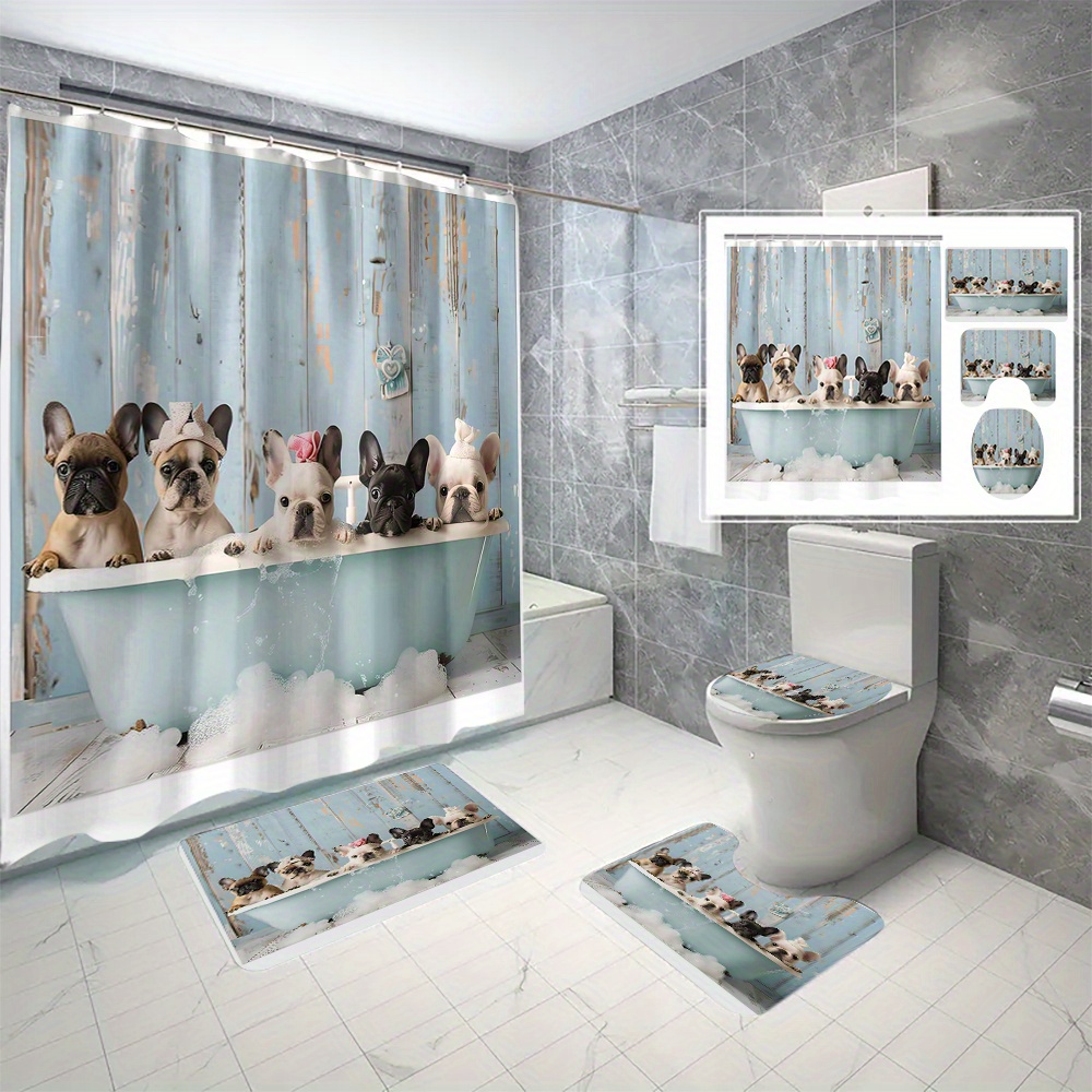 

4pcs/set Cute Cartoon French Bulldog Waterproof Shower Curtain Set, Digital Print Bath Curtain With Non-slip Rugs, Toilet Lid Cover, Bath Mat, Durable Bathroom Decor With 12 C-type Hooks