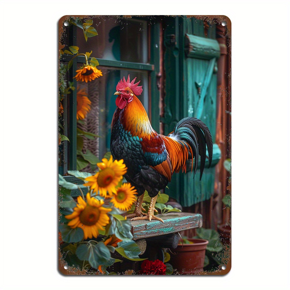 

1pc, Rooster With Sunflower Metal Tin Sign Retro Metal Tin Wall Art For Room Decor, Home Restaurant Bar Cafe Garage Decor (8x12inch/20*30cm)