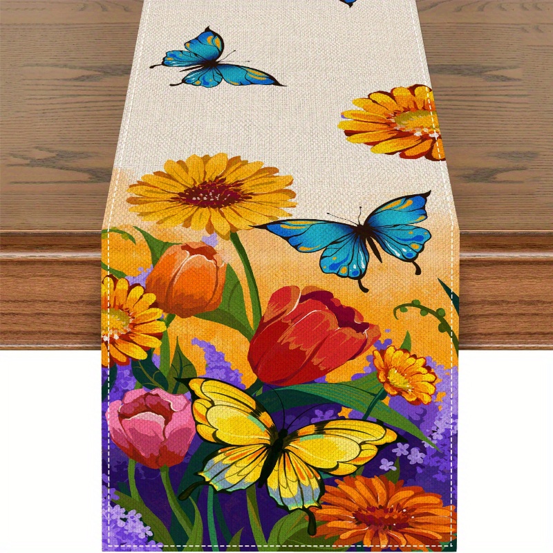 

1pc, Table Runner, Sunflower Butterfly Colorful Printed Spring Theme Table Runner, Seasonal Spring Kitchen Table Decoration For House, Party Decoration