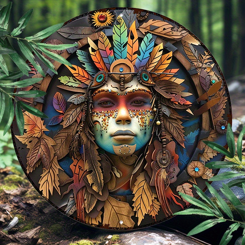 

1pc 8x8inch(20x20cm) Round Aluminum Sign Metal 2d Sign Metal Wall Sign Shamanic Woman Face For Room Decor, Indoor Outdoor Wall Decor