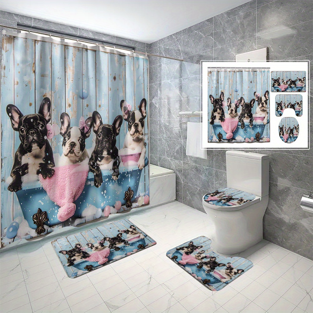 

4pcs/set French Bulldog Shower Curtain Set, Waterproof Polyester Bathroom Decor With Digital Print, Includes Curtain (70.8x70.8in), Toilet Cover, Non-slip Bath Mat & U-shaped Rug With 12 Hooks