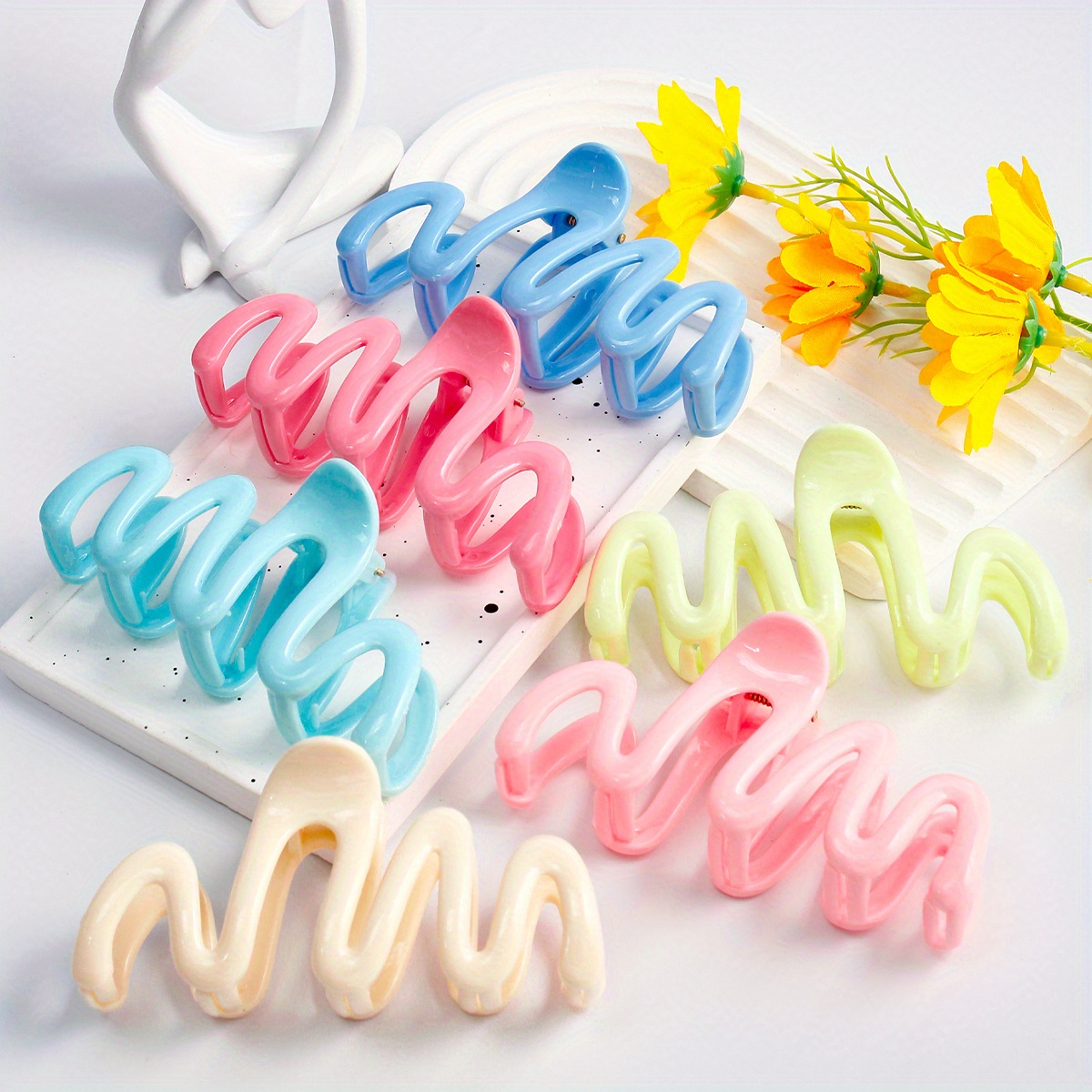 

6pcs Candy Color Wavy Hair Claw Clips Large Non Slip Hair Grab Clips Hair Bun Makers Non Slip Ponytail Holders