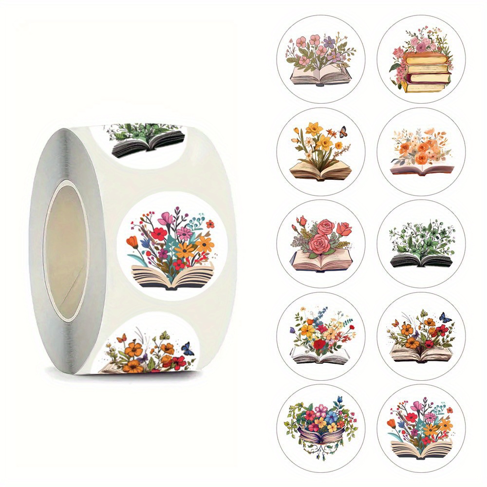 500pcs Cartoon Flower Books Stickers, Decals Rolls Self Adhesive Decoration Stationery, Books, Laptops, Water Cups, Mobile Cases, Suitcases(1 Inch Labels / 10 Patterns)