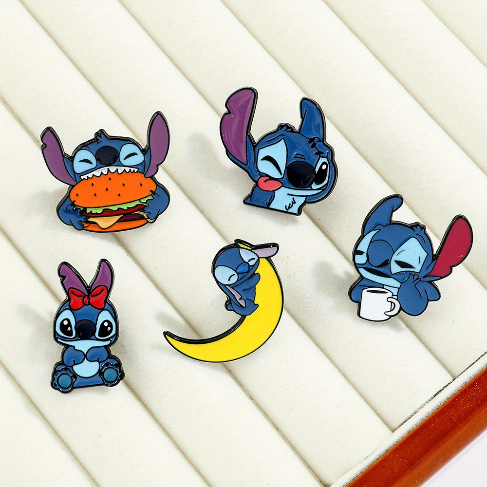 5pcs disney officially authorized cute cartoon stitch enamel pins creative eating theme metal brooch badge set authorized collectible accessories for clothing and backpacks ideal gift for friends