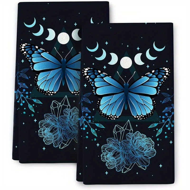 

1pc, Hand Towel, Blue Butterfly And Moon Phase Printed Kitchen Hand Towel, Ultra-soft Microfiber Decorative Dish Cloths, Absorbent Drying Towels For Kitchen Decor & Cleaning