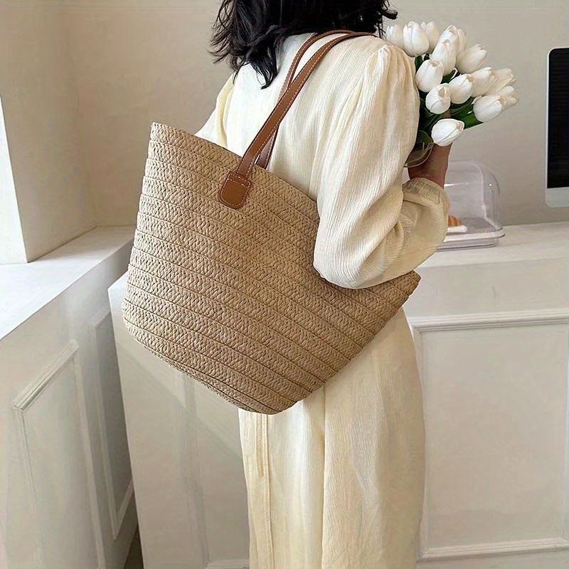 

1pc Large Women's Braided Straw Tote Bag, Summer Beach Shoulder Bag With Top-handle, Portable Shopper Satchel For Parties, Travel Vacation Beach Bag