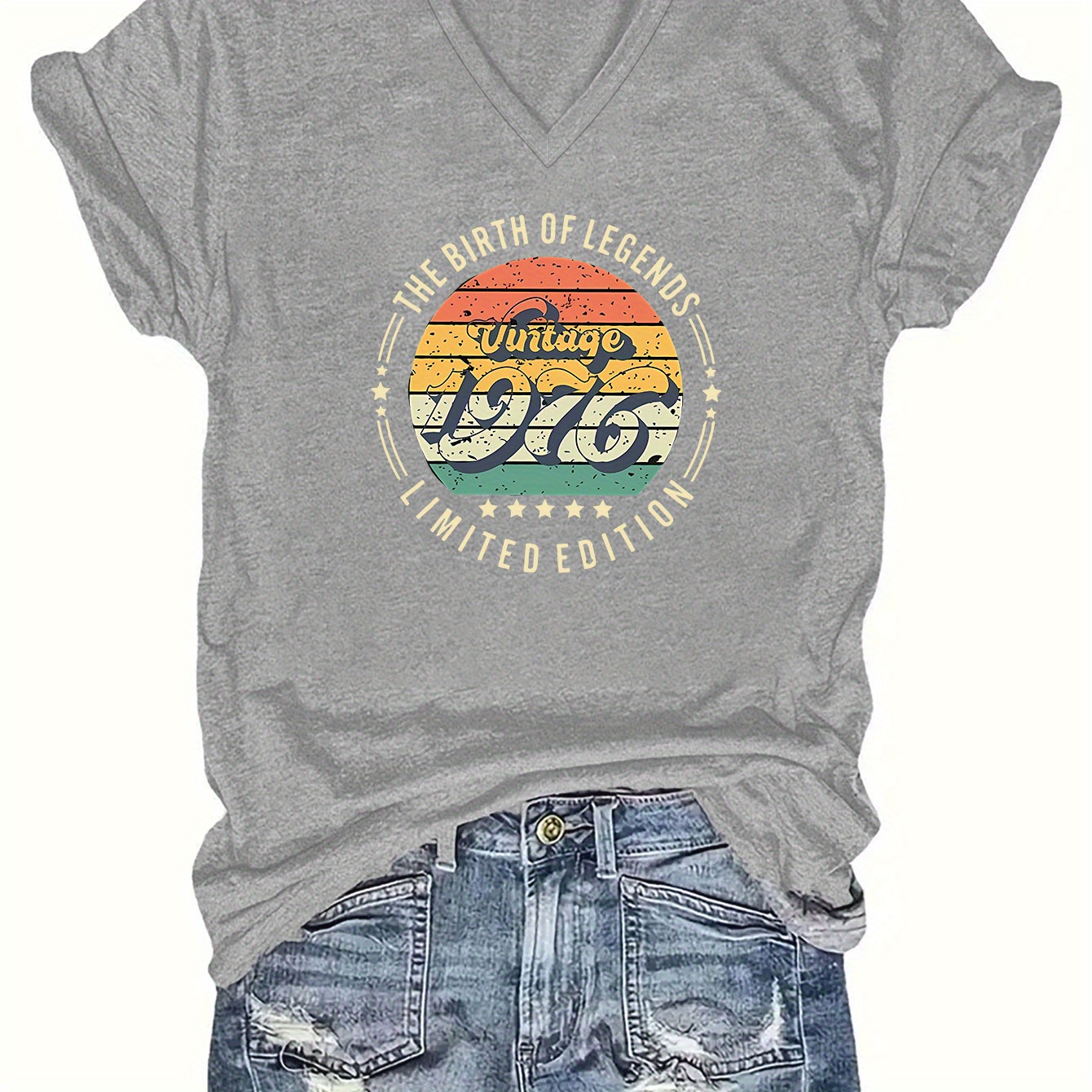 

Vintage 1976 Print T-shirt, Short Sleeve V Neck Casual Top For Summer & Spring, Women's Clothing
