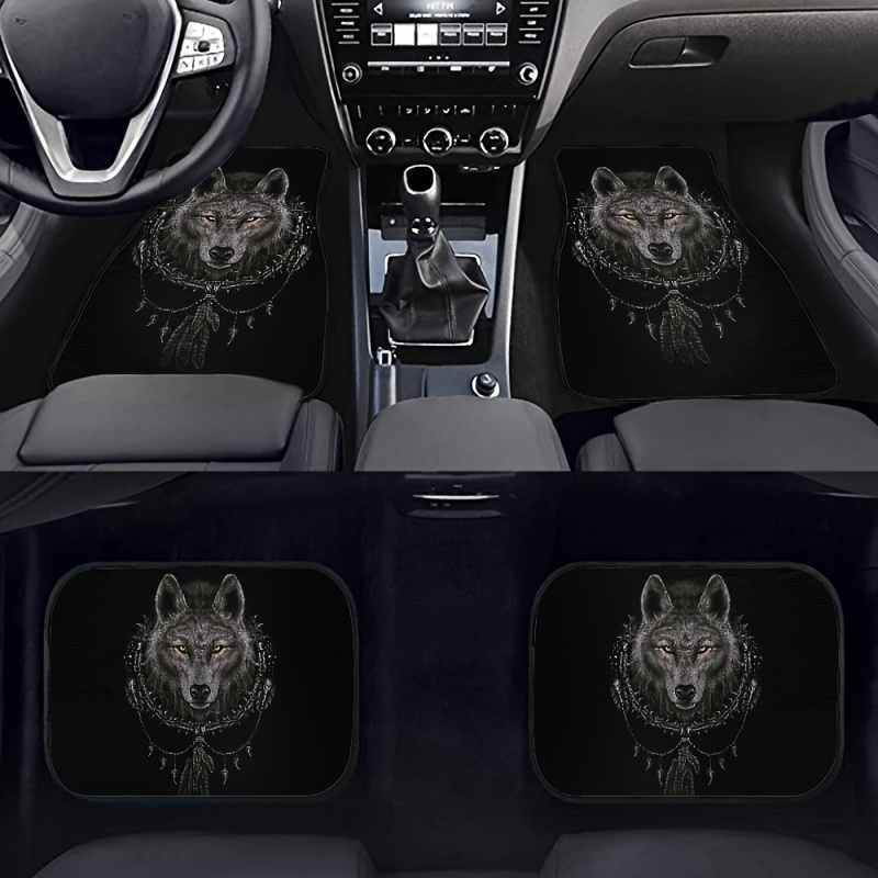 

4pcs Stain Resistant Wolf Printed Car Floor Mats - Front And Rear Non-slip Rubber Mats For Most Cars, Suvs, And Sedans