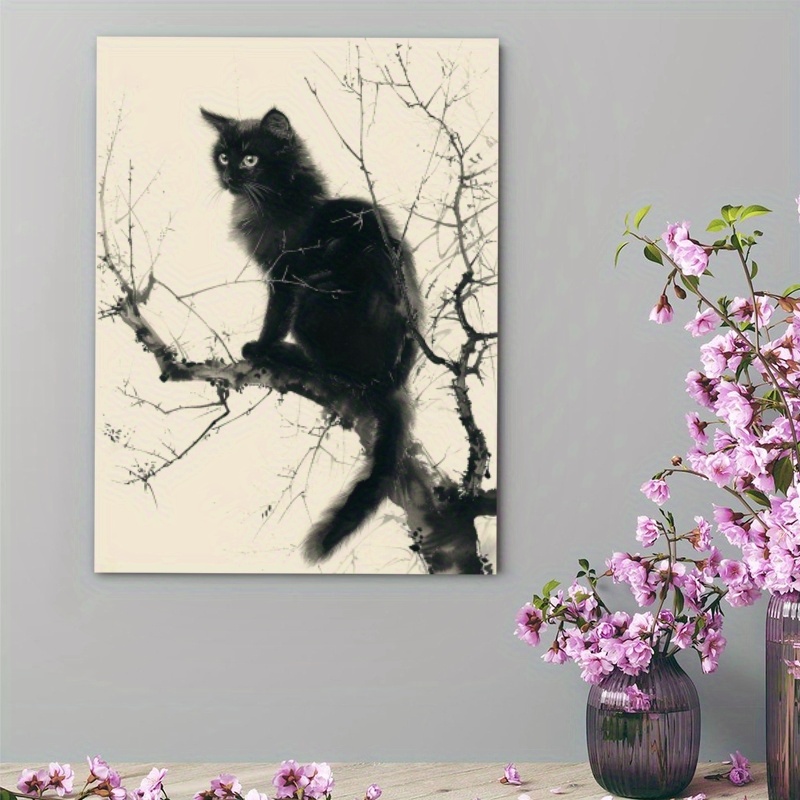 

1pc 30×40cm Ink Black Cat Illustration Canvas Wall Art, Fun Decoration Home Decoration Living Room, Dining Room, Bedroom, Kitchen, Bathroom