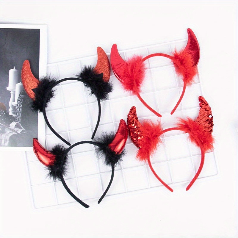 

Halloween Devil Bull Horn Shaped Pattern Decorative Head Band Plush Non Slip Hair Hoop For Party Wear