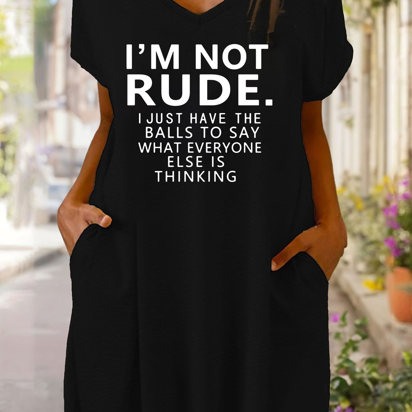 

I'm Not Rude Print T-shirt Dress, Short Sleeve V Neck Double Pockets Casual Dress For Summer & Spring, Women's Clothing