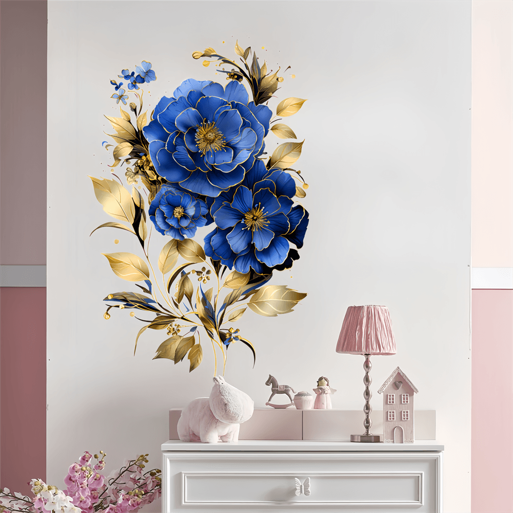 

1pc Blue Peony Flower Sticker, Large Flower Wall Sticker, Decorative Sticker For Study Living Room Dining Room Bedroom Wall, Waterproof Self-adhesive Removable, Modern Art Home Decoration Preferred