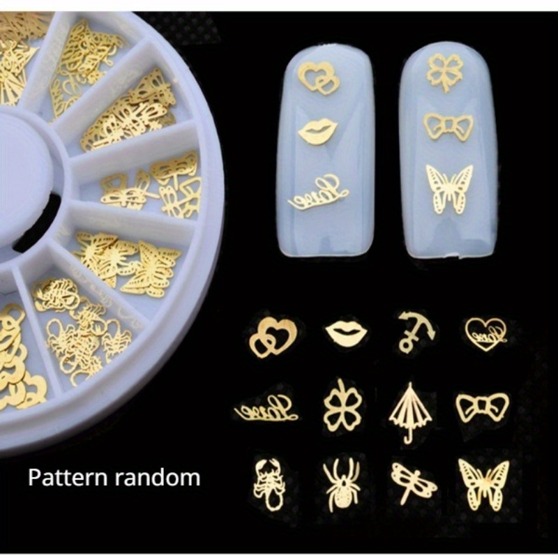 Image of 120pcs/set Designs Golden Metal Nail Art Charms, 3d Nail Art Decoration Wheel, Assorted Manicure Nail Accessories For Diy Craft Nail