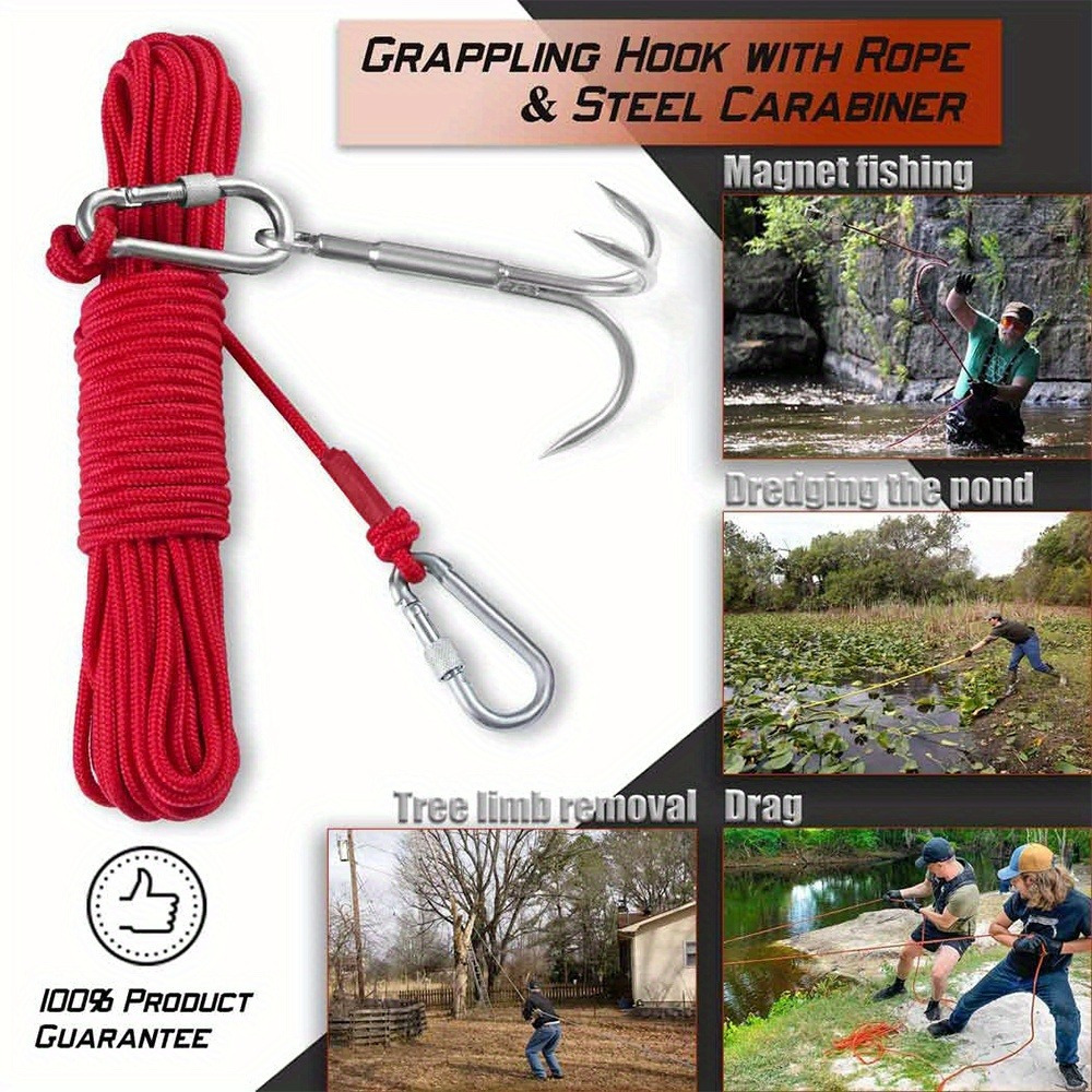 

1pc Grappling Hook With 32.8ft Nylon Rope - Heavy-duty Gear For Magnet Fishing, Tree Limb Removal, Includes Double Carabiner For Maximum Versatility