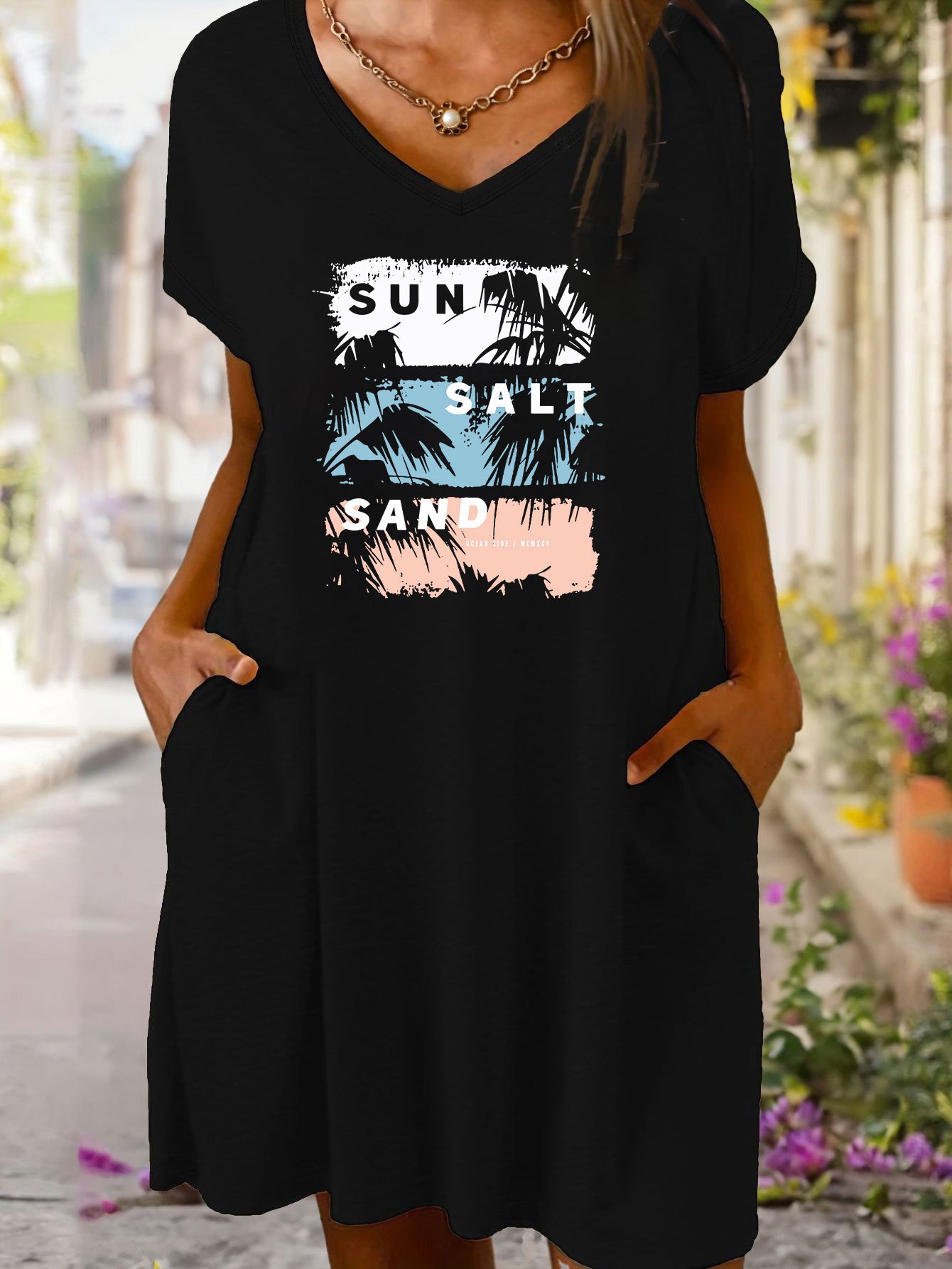 print t shirt dress short sleeve v neck double Temu Canada