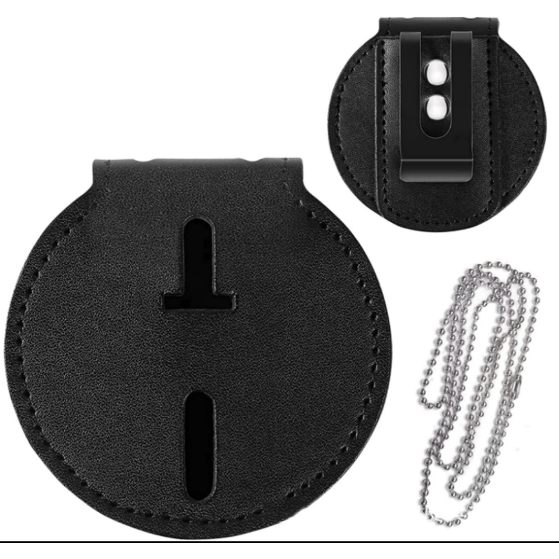

Badge Holder, Cowhide Pu Leather Universal Police Badge Holder Pocket Case With Mn-steel Belt Clip, Hook And Loop Closure And Stainless Bead Chain Necklace- Circle Shape