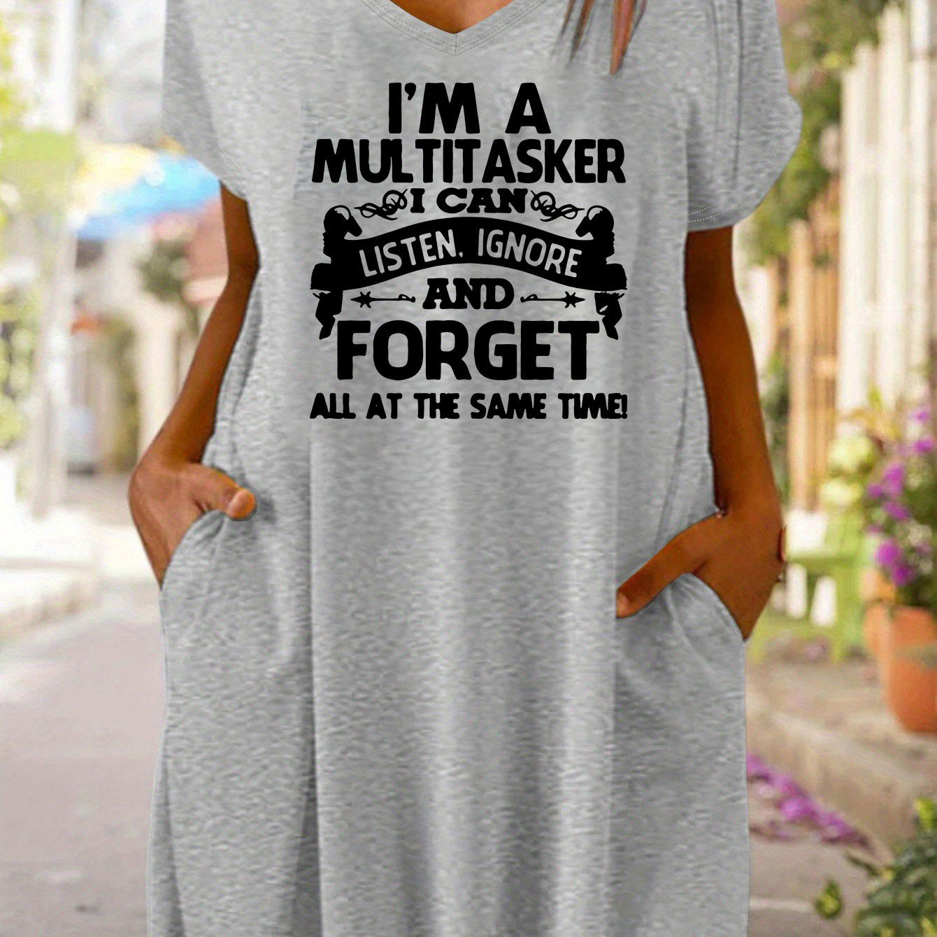 

Women's Casual V-neck T-shirt Dress With Pockets - Cartoon & Letter Print, Stretchy Polyester , Machine Washable