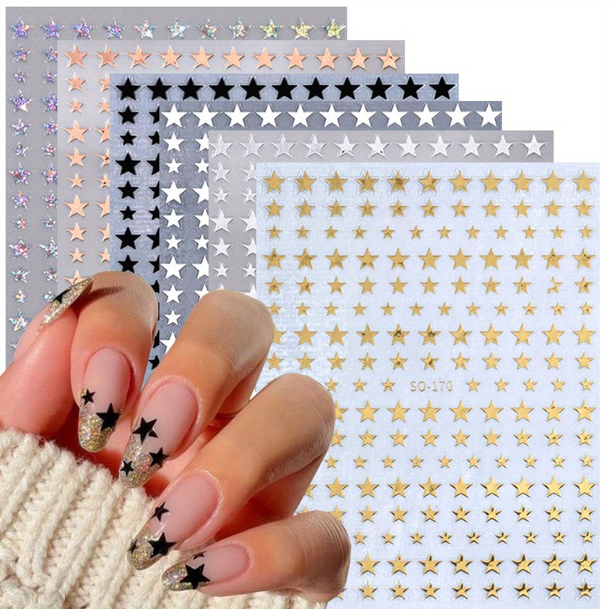Set Of 6 Sheets Featuring 3d Glitter Nail Stickers In Shiny Golden, Silvery, White, And Black Star Designs For Nail Art And Decoration