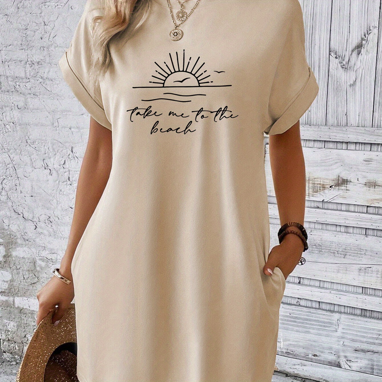 

Sun Print Tee Dress, Short Sleeve Crew Neck Casual Dress For Summer & Spring, Women's Clothing