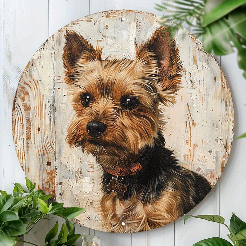 

1pc 8x8inch(20x20cm) Round Aluminum Sign Metal Sign Cute Yorkshire Terrier Vintage Wreath Sign For Home Cafes Office Garden Farm Sign Gift