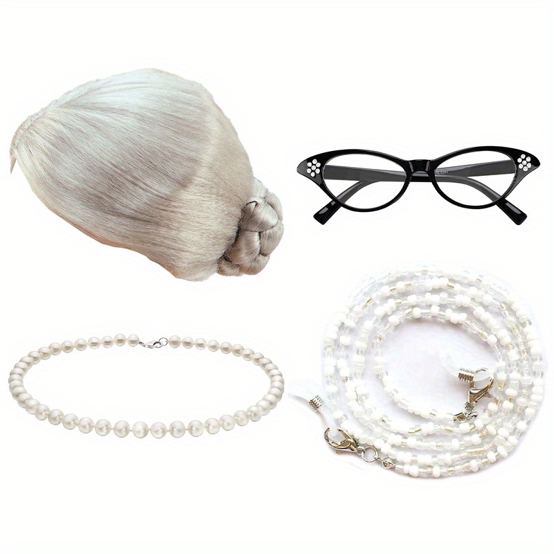 

Vintage Old Lady Costume Set: Gray Hair Grandma Wig, Pearl Necklace, Glasses, Glasses Chain Accessories - 5 Pieces Set