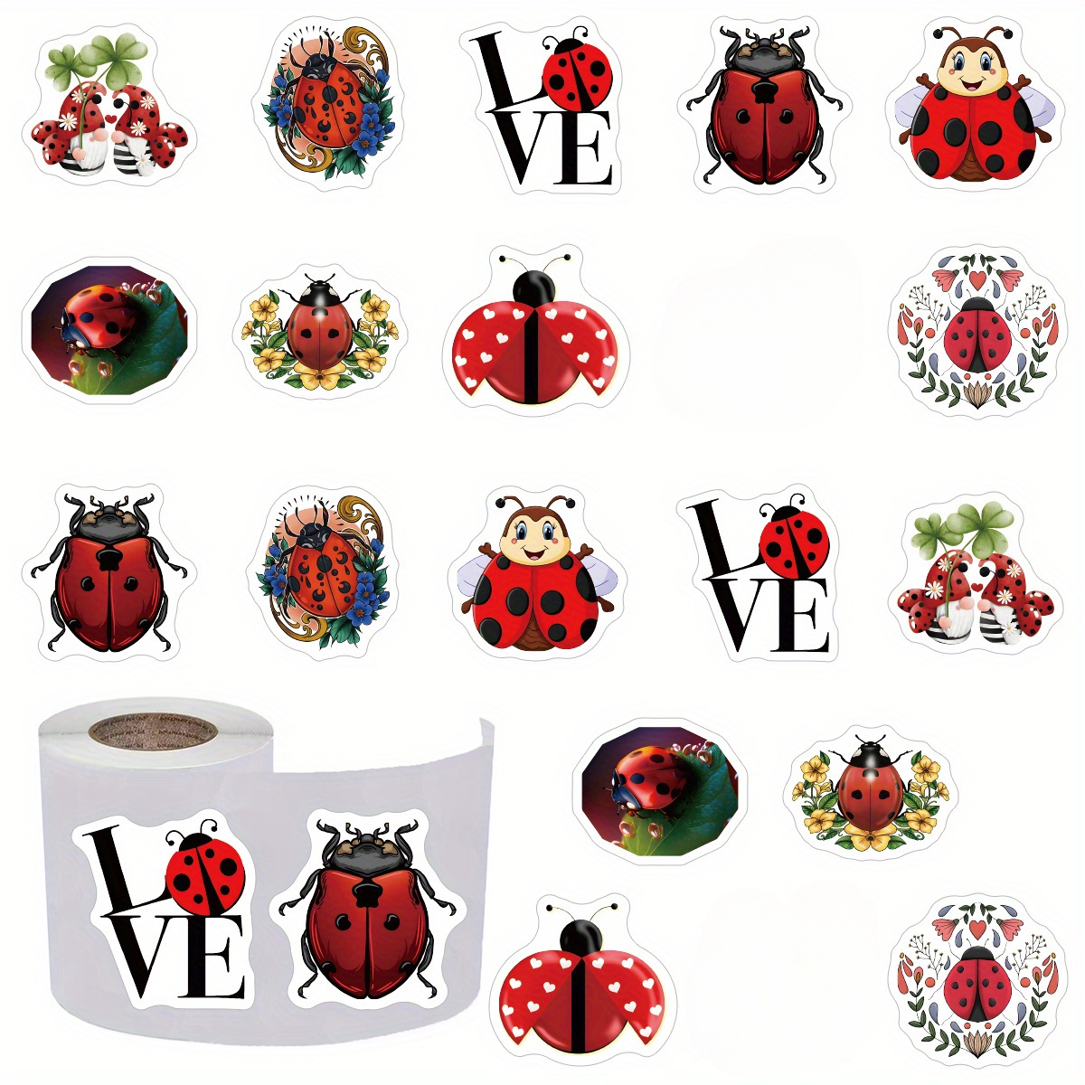 Image of 500pcs Ladybug Insect Cute Funny Stickers (1 Inch Labels / 10 Patterns) Pack Cartoon Aesthetic Deacls Sticker Adults Water Bottle Skateboard Luggage Laptop Computer Phone Party Decoration Gift