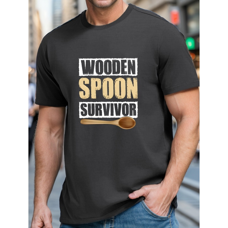 

Wooden Spoon Survivor" Trendy Print Casual Short-sleeved T-shirt For Men, Spring And Summer Top, Comfortable Round Neck Tee, Regular Fit, Versatile Fashion For Everyday Wear