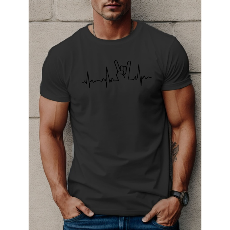 

Gesture Heartbeat Graphic Print Men's Creative Top, Casual Short Sleeve Crew Neck T-shirt, Men's Clothing For Summer Outdoor