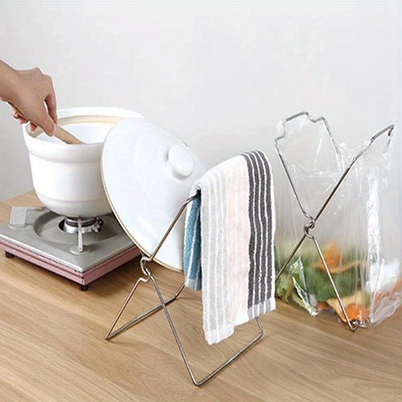 1pc plastic bag holder stainless steel garbage bag rack stand portable foldable hanging holder for kitchen counter kitchen organizers and storage kitchen accessories details 5