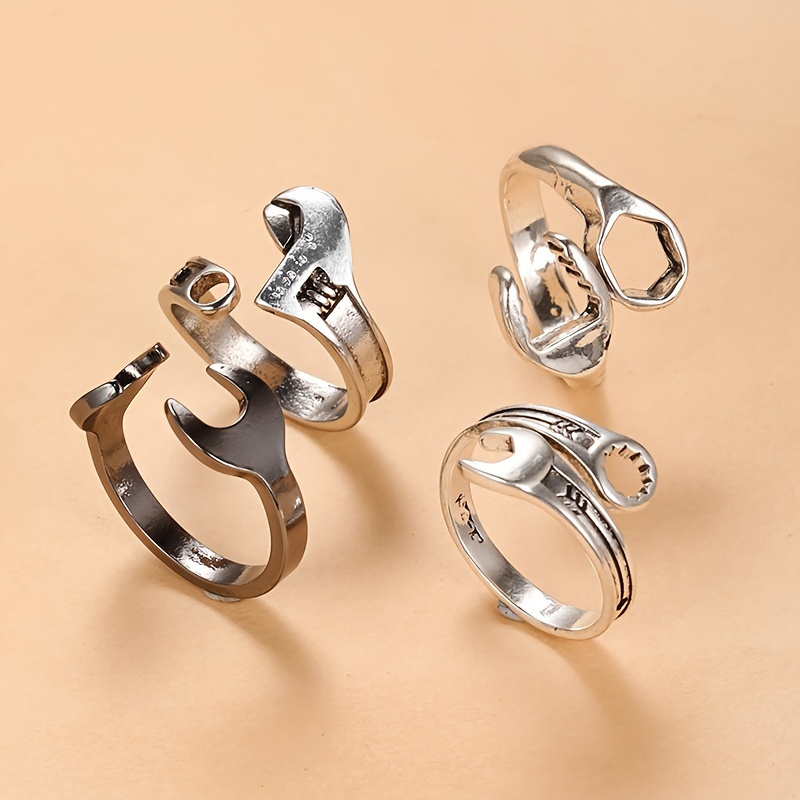 

4pcs Retro Wrench Shaped Opening Adjustable Alloy Rings