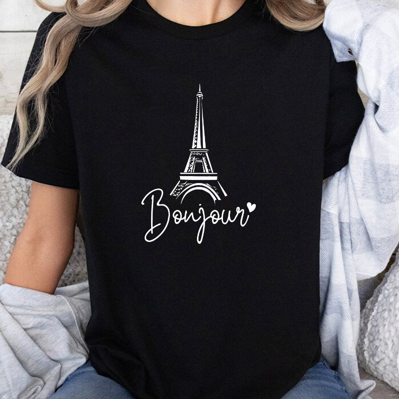 

Tower & Letter Print Versatile T-shirt, Round Neck Short Sleeves Pullover Sports Tee, Women's Comfy Tops