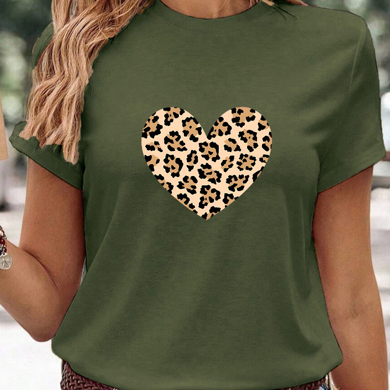 

Heart & Leopard Print Versatile T-shirt, Round Neck Short Sleeves Pullover Sports Tee, Valentine's Day Women's Comfy Tops