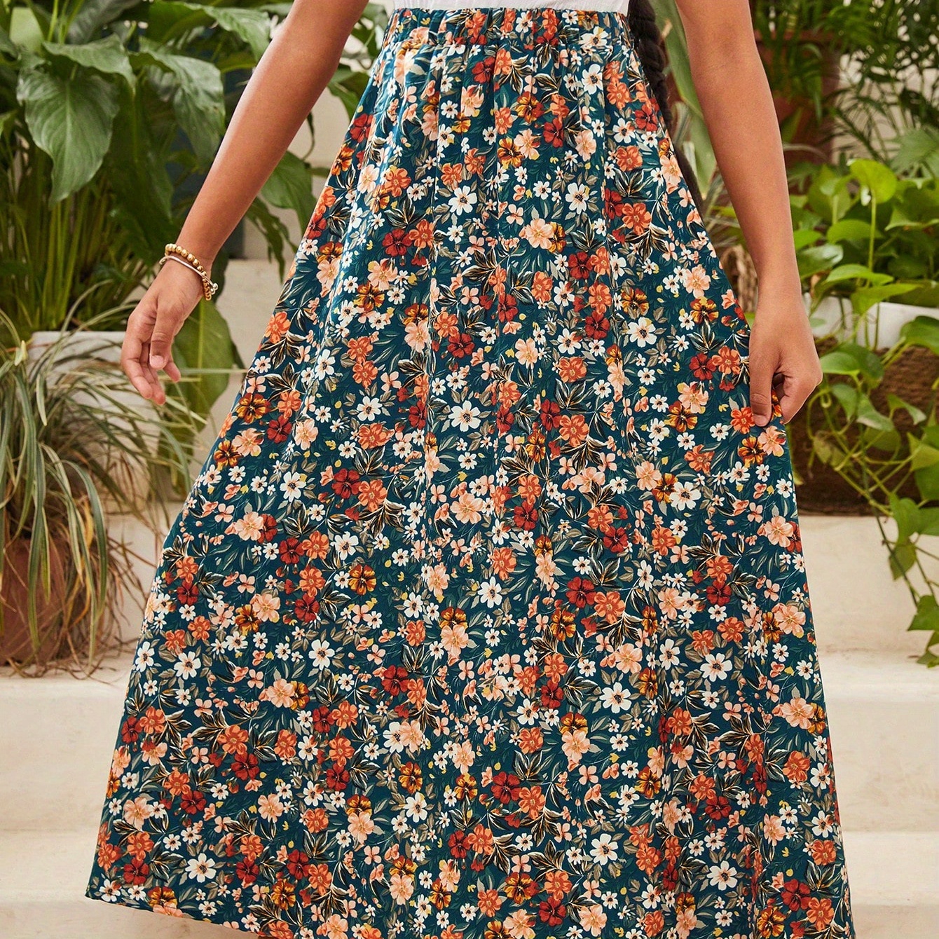 

Girls Chic Maxi Skirt, Casual Floral Print, Bohemian Style, Elastic Waist, Full-length A-line Skirt For Vacation & Everyday Wear