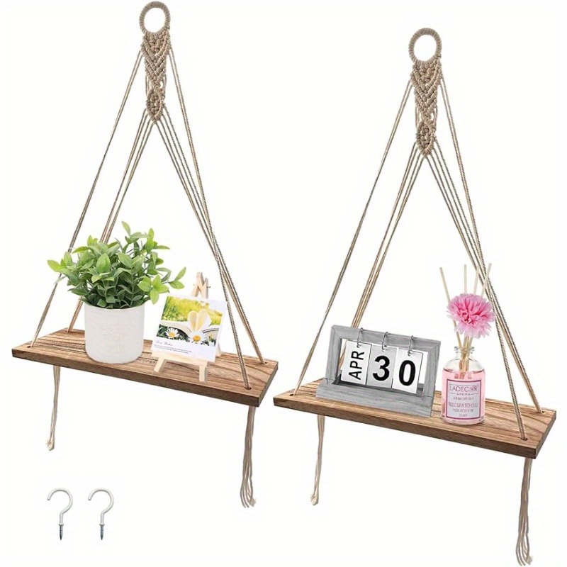 

2pack Boho Shelf Wood Hanging Shelves Floating Wall Swing Storage Shelves Boho Wall Decor For Bedroom Bathroom Living Room Kitchen, Boho Storage Floating Shelves