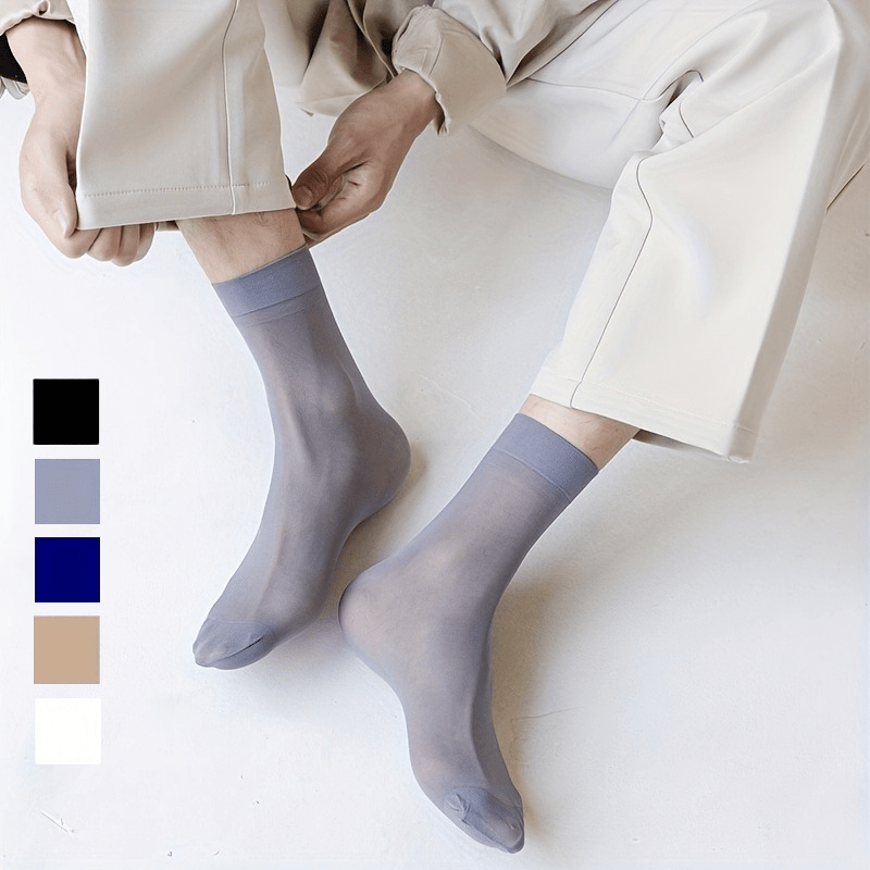 

5 Pairs Of Men's Solid Colour Ultra Thin & Mesh Crew Socks, Comfy Breathable Casual Soft & Elastic Socks, Spring & Summer