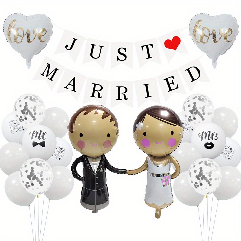 

Set, Wedding Party Decoration Set, Just Married Banner With Bride & Groom Mr Mrs Balloons For Reception & Photo Props, Bachelor Party Decor, Home Room Decor