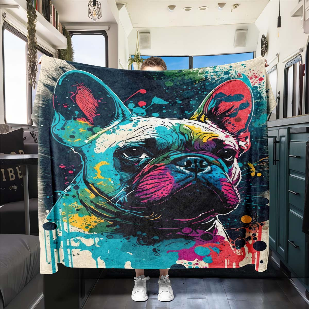 

Charming Watercolor French Bulldog Print Blanket - Soft Polyester, Perfect For Office Sofa Or Travel