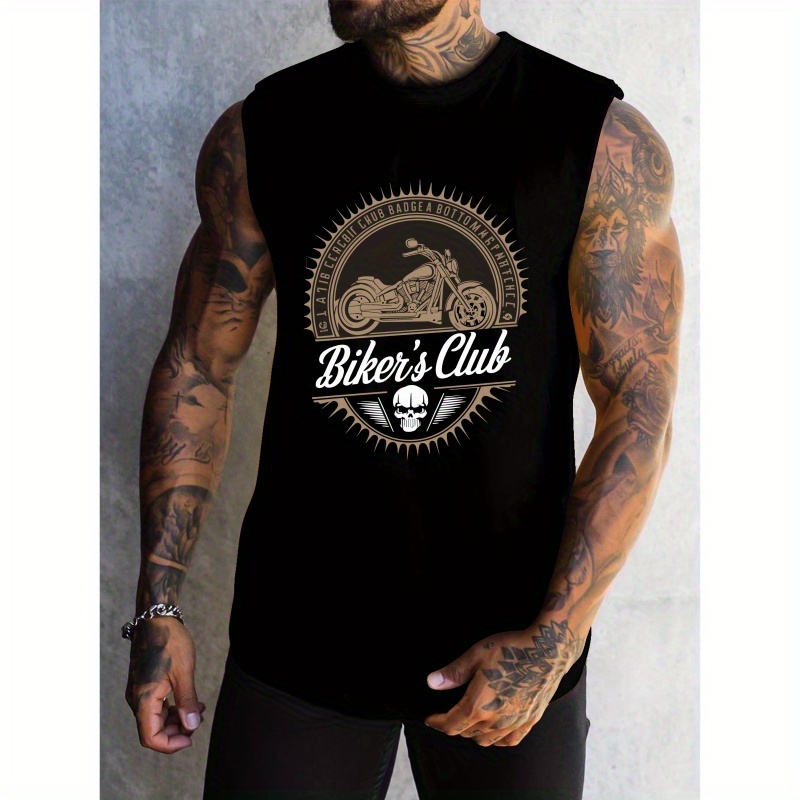 

Biker's Club Print Summer Men's Quick Dry Moisture-wicking Breathable Tank Tops, Athletic Gym Bodybuilding Sports Sleeveless Shirts, For Running Training, Men's Clothing