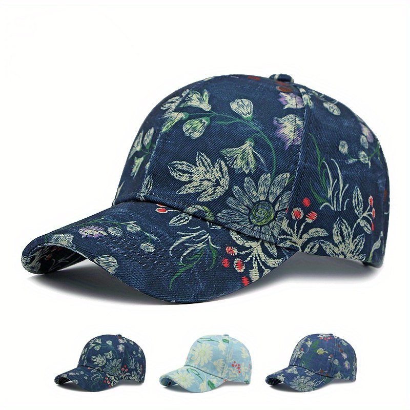 

Floral Print Denim Baseball Cap For Men And Women, Retro Adjustable Size Peaked Hats, Summer Outdoor Sun Protection Sunshade Cap