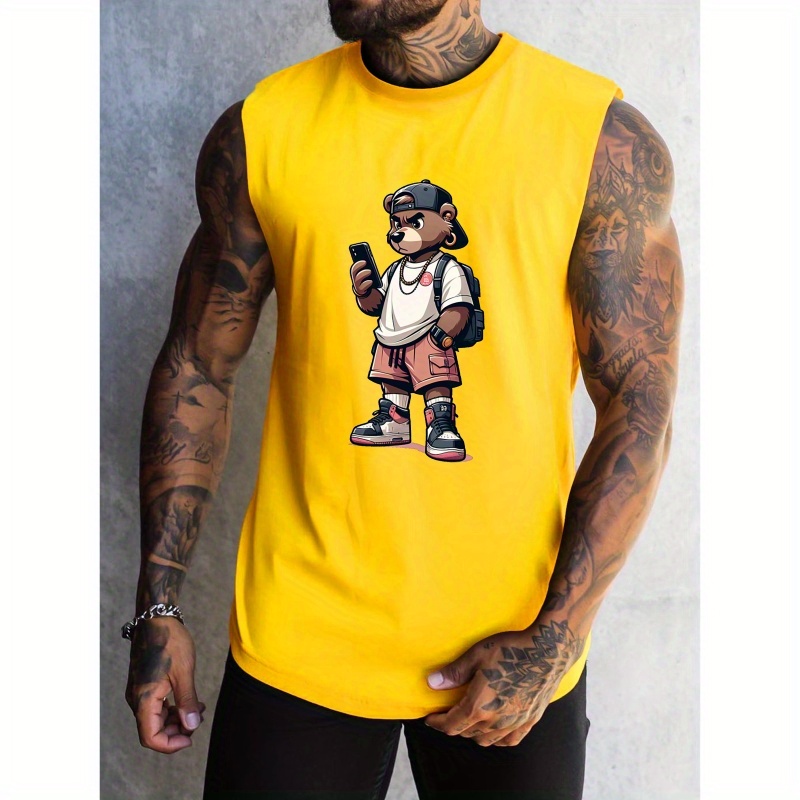 

Bear With Hat And Phone Print Summer Men's Quick Dry Moisture-wicking Breathable Tank Tops, Athletic Gym Bodybuilding Sports Sleeveless Shirts, For Running Training, Men's Clothing