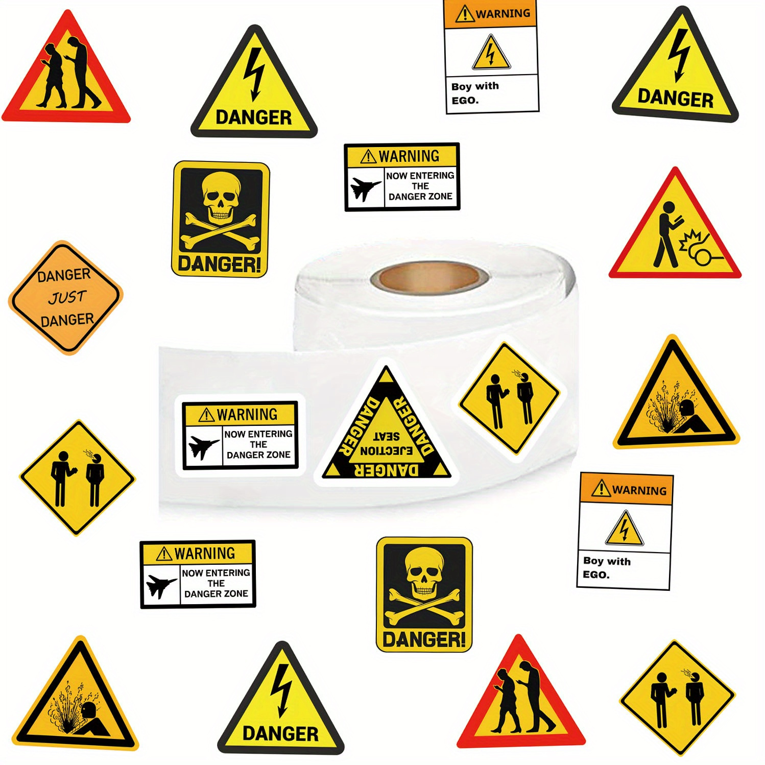 

500pcs Huaiyuan Warning Sign Stickers, Cartoon Safety Decals, Reusable Self-adhesive Labels, 1 Inch, 10 Patterns, For Water Bottles, Skateboards, Laptops, Phones, Party Decorations, 14+