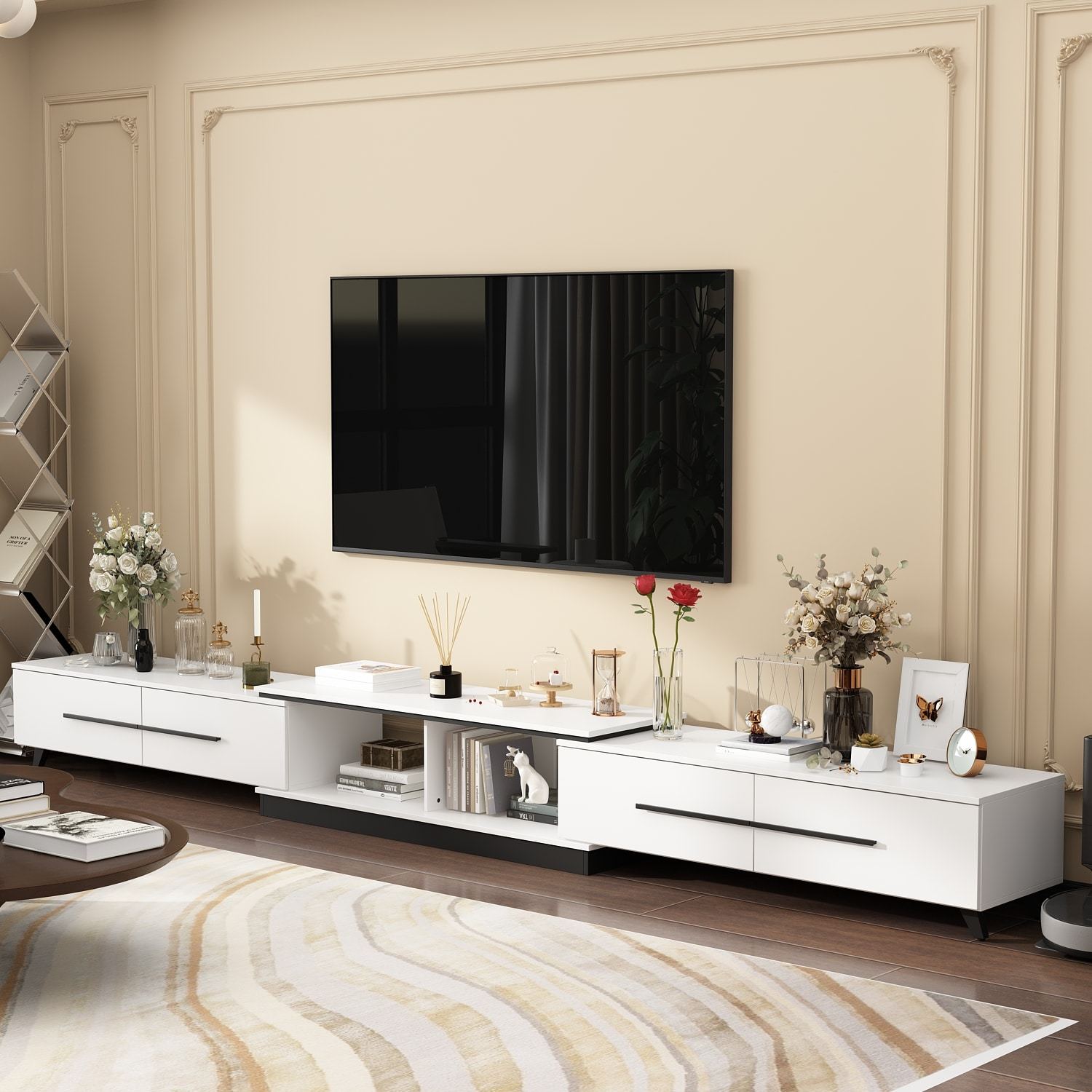 

1pc Modern Cabinet Media Console, Adjustable Length, Contemporary Entertainment Center With Drawers And Legs, For Living Room (95"-136.2"w X 15.2"d X 13.1"h)
