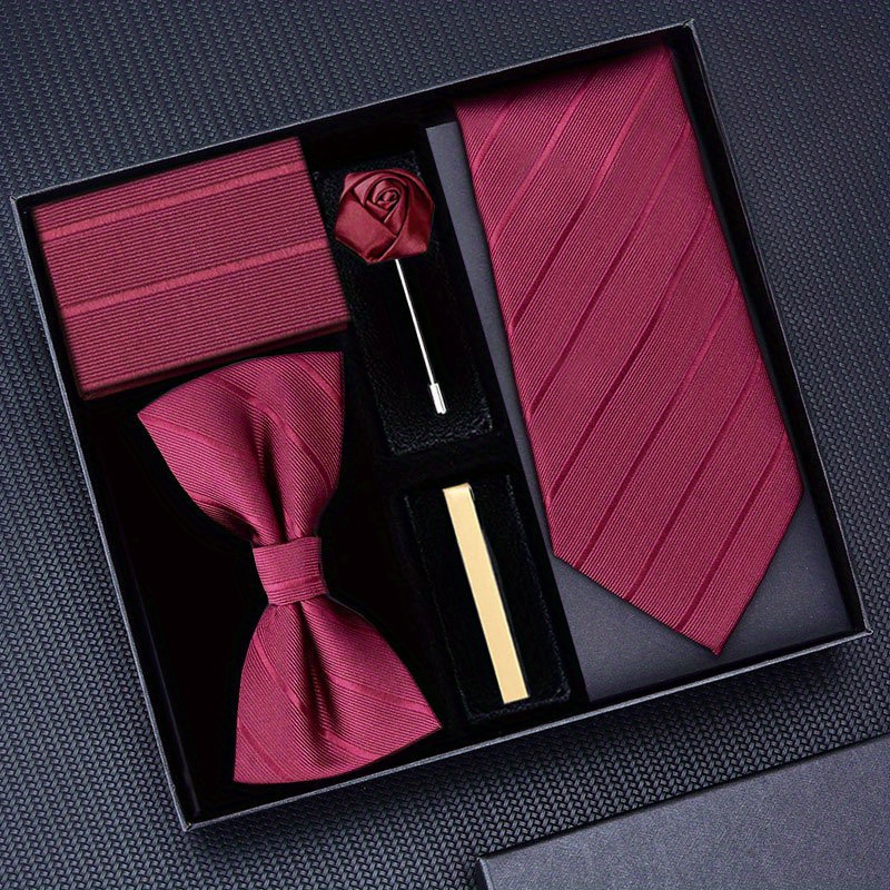 

5pcs Men's Wedding Tie Set With Gift Box - Includes Tie, Bow Tie, Pocket Scarf, Brooch, And Tie Clip