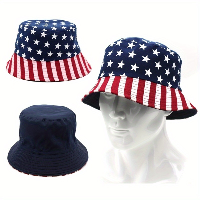

American Flag Cotton Bucket Hat, Unisex Patriotic Stars And Stripes Fisherman Cap, Street Style Sun Hat, For Outdoor Use