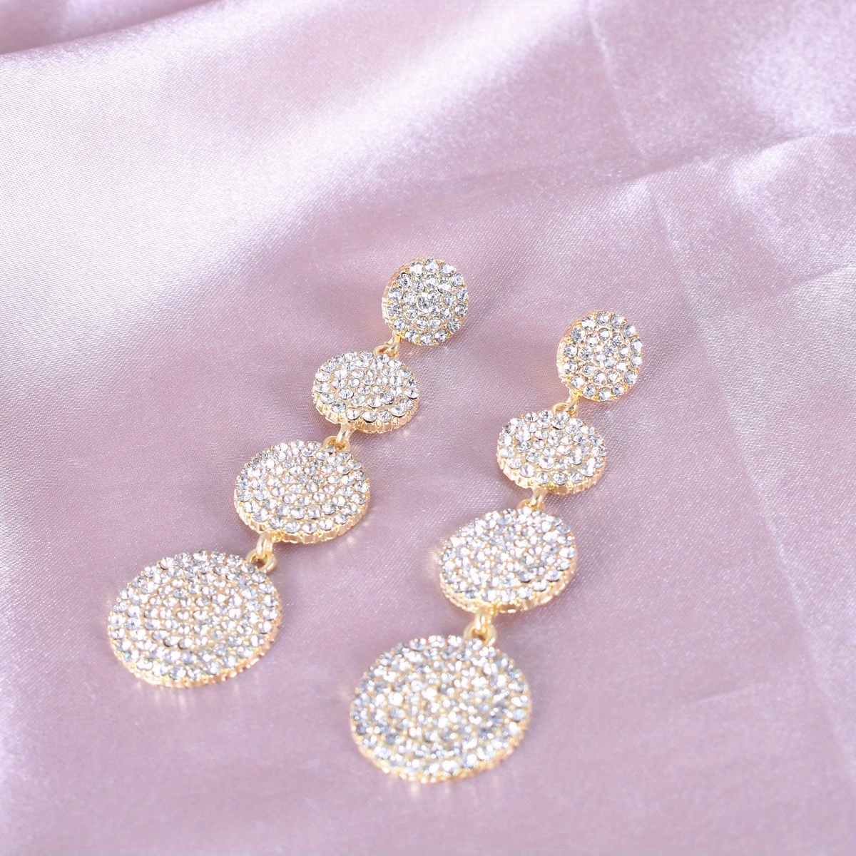 Chic Geometric Round Long Dangle Earrings With Sparkling Rhinestones - Stainless Steel Posts, Zinc Alloy, & Vacation Wear