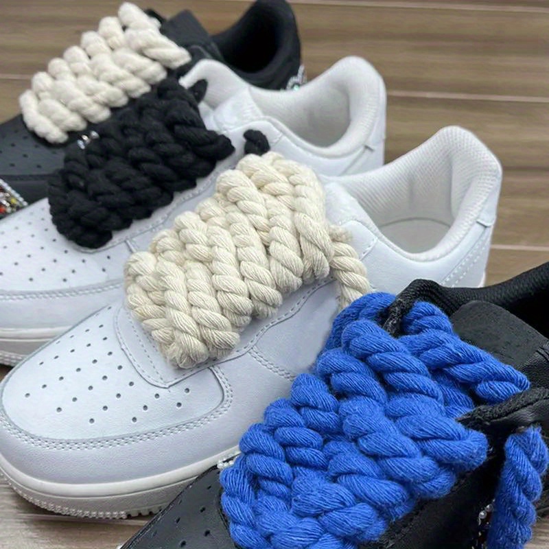 1pair Handwoven Cotton Hemp Rope Shoelaces, Thickened Shoelaces For Canvas Shoes, Bold Twisted Thread Weaving Shoelaces For Sports Shoes