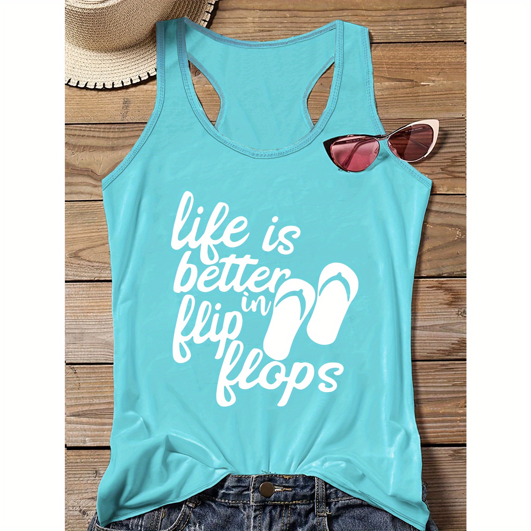 

Plus Size Casual Sporty Slogan Print Racer Back Tank Top, Sleeveless Casual Top For Summer & Spring, Women's Clothing