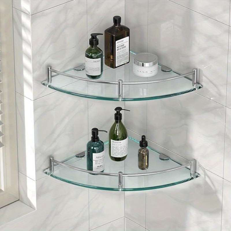 

2pcs Tempered Glass Shower Shelves With Rails, Wall Mounted Bathroom Caddy, Easy Drill Installation For Corner Storage, Transparent Corner Shower Shelf
