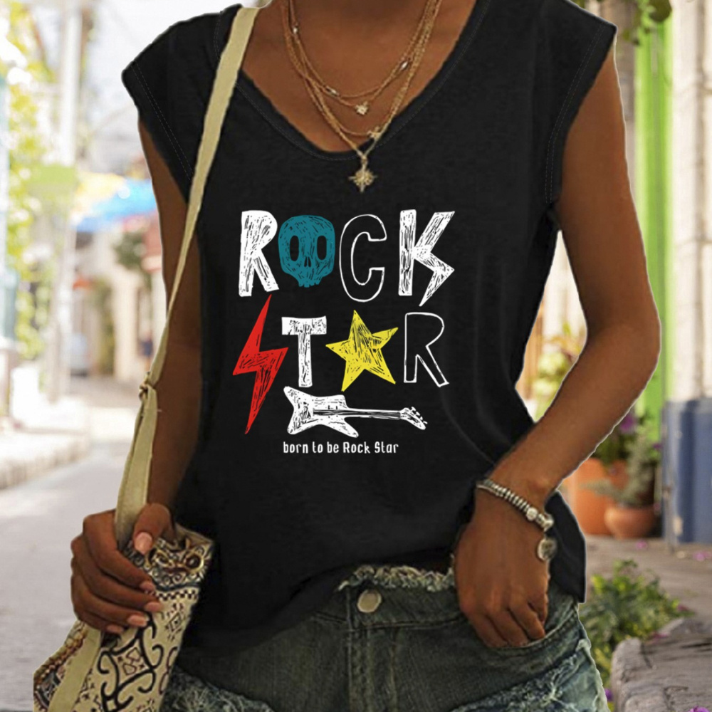 

Letter Print V Neck T-shirt, Casual Cap Sleeve T-shirt For Spring & Summer, Women's Clothing