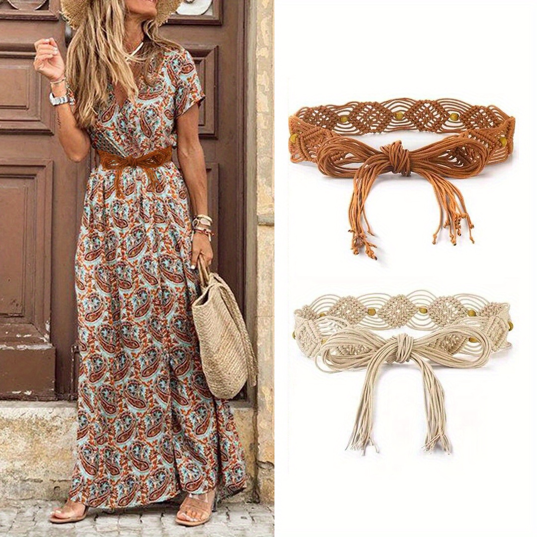 

Casual Braided Waist Rope Vintage Tassel Lace Up Dress Belts Boho Bowknot Waistband For Women